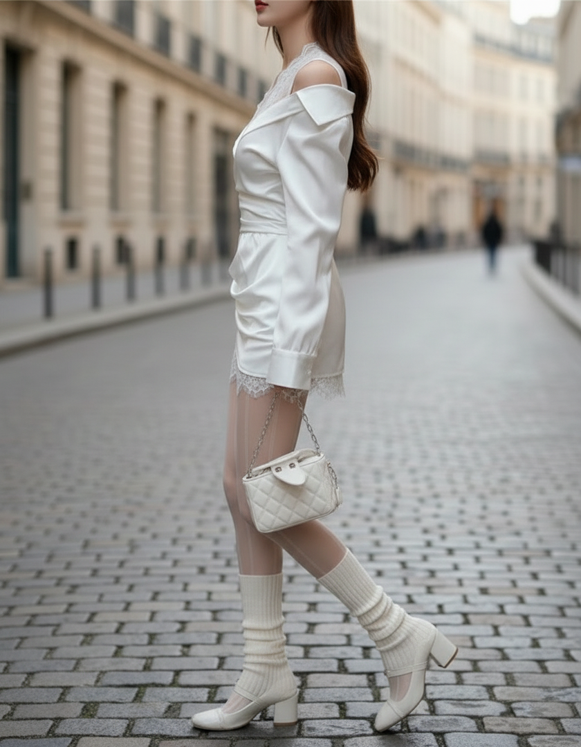 FJØRNA off-shoulder wrap mini dress with lace trim, stylish cocktail dress featuring a fitted bodice and elegant design.