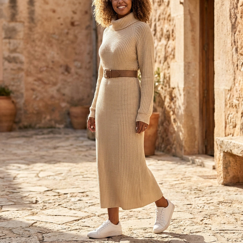 long sleeve knit midi dress Massey Black Finished with a modern mock neck collar Ribbed Knit Midi Dress with