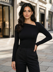 Ribbed Knit Top Women Asymmetric Neck Slim Fit Long Sleeve