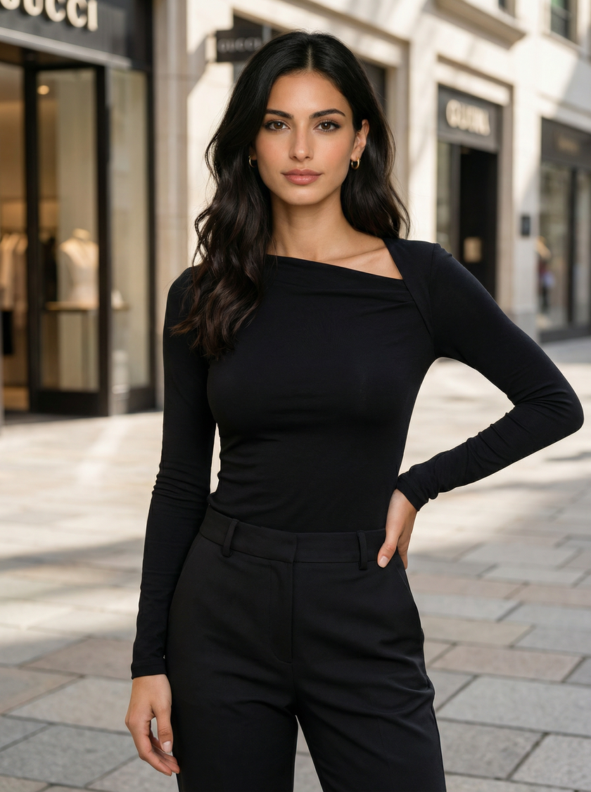 Ribbed Knit Top Women Asymmetric Neck Slim Fit Long Sleeve