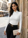 T-Shirt Women Draped Collar Pleated Waist Short Sleeve