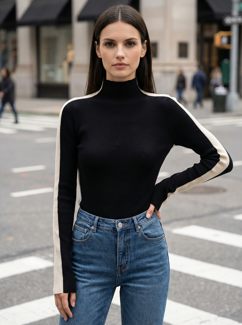 Knit Top Women Reversible Two-Tone Round Neck Long Sleeve