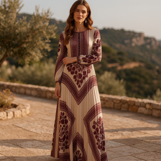 FJØRNA boho printed long sleeve maxi dress with relaxed fit, featuring floral patterns and flowing fabric.