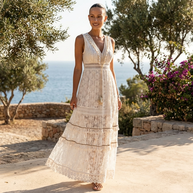 FJØRNA boho lace tiered maxi dress with V neck, flowing fabric and intricate lace details, perfect for casual or bohemian style.