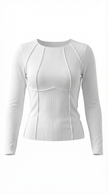 Ribbed Top Women Slim Fit Crew Neck Contrast Piping Long Sleeve