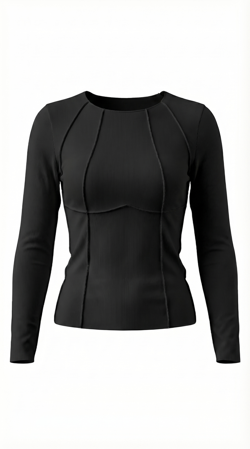 Ribbed Top Women Slim Fit Crew Neck Contrast Piping Long Sleeve
