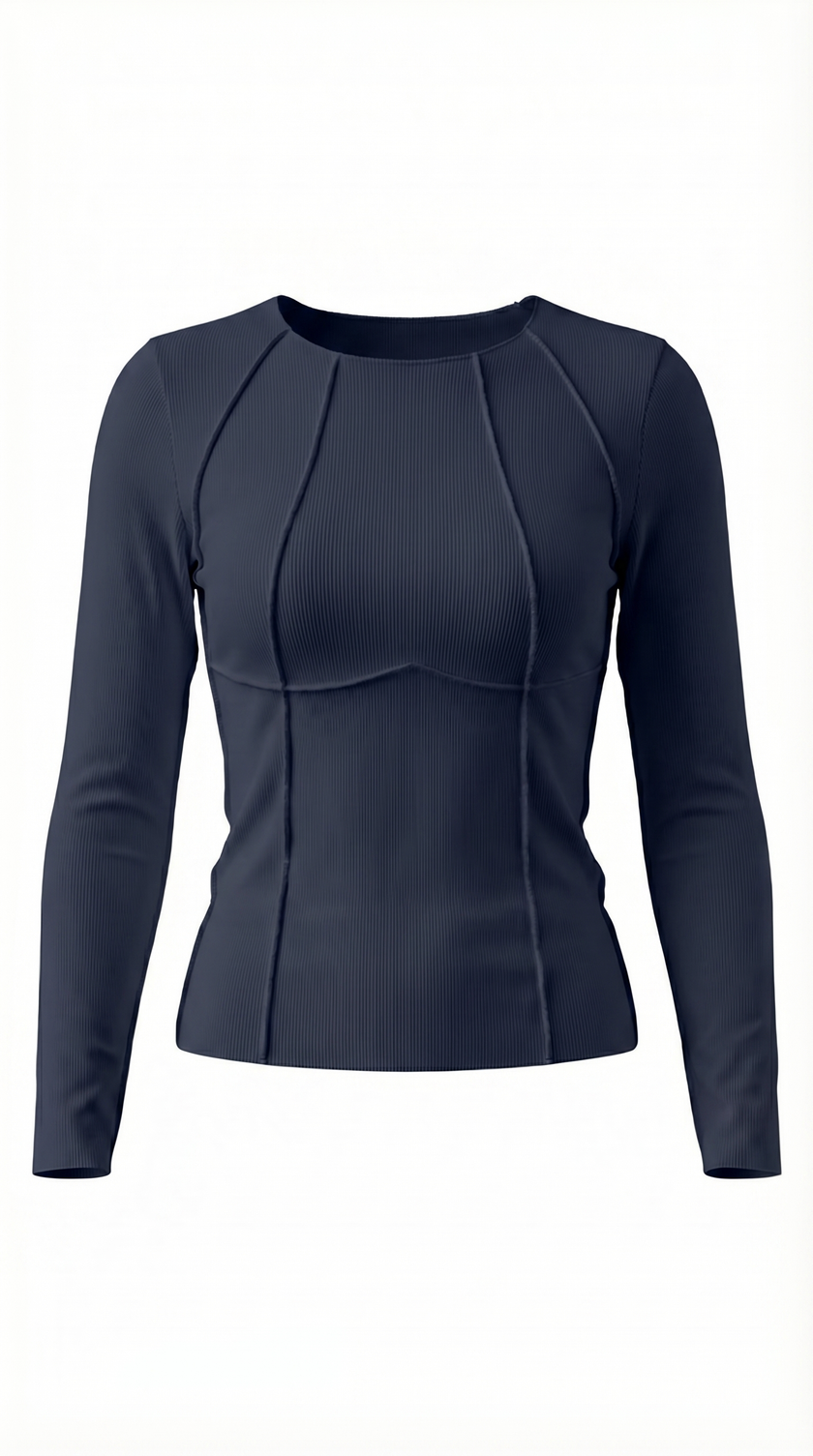 Ribbed Top Women Slim Fit Crew Neck Contrast Piping Long Sleeve