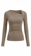 Ribbed Knit Top Women Asymmetric Neck Slim Fit Long Sleeve