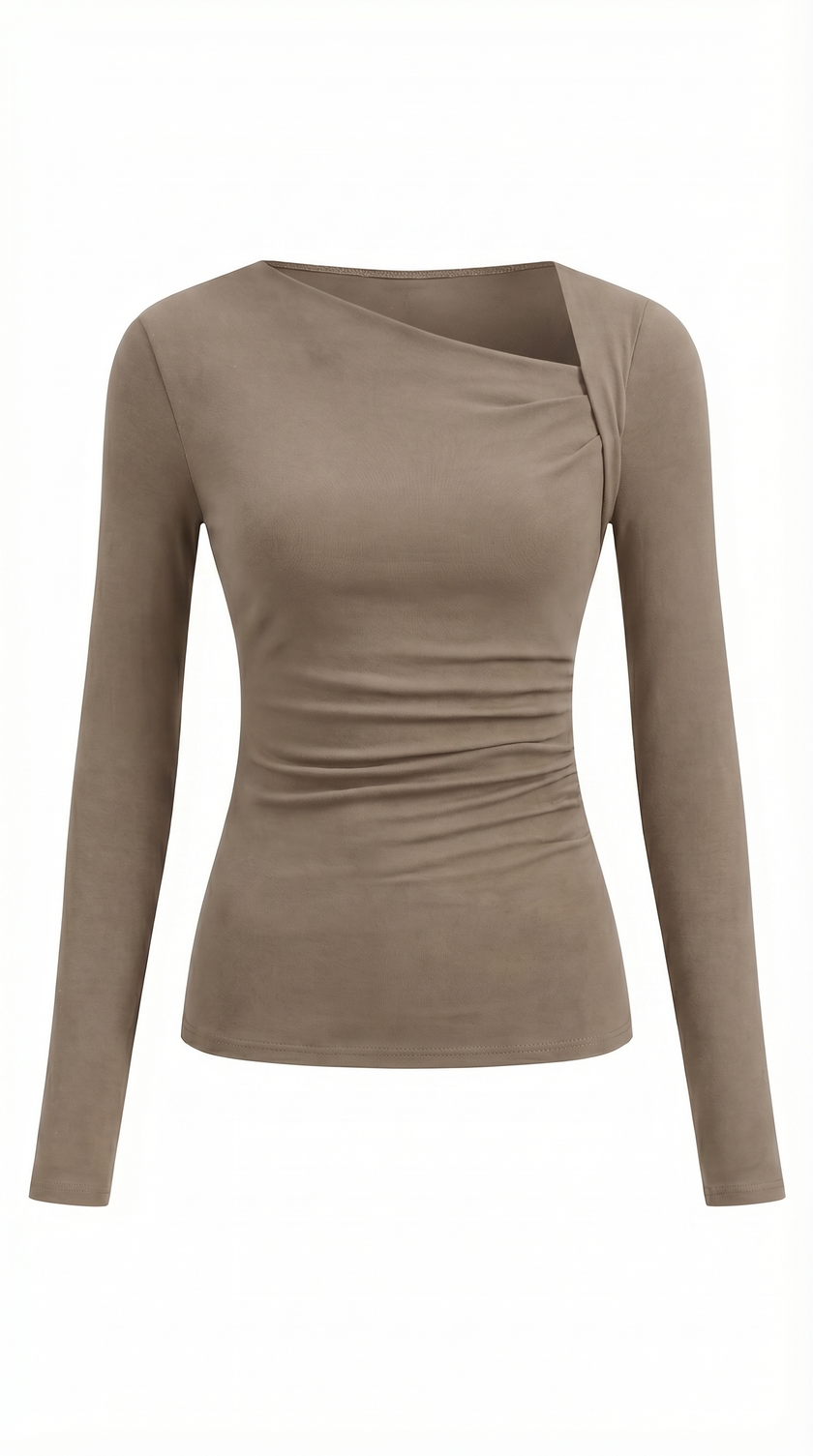 Ribbed Knit Top Women Asymmetric Neck Slim Fit Long Sleeve