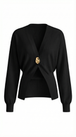 Knit Cardigan Women Gold Button Round Neck Long Sleeve