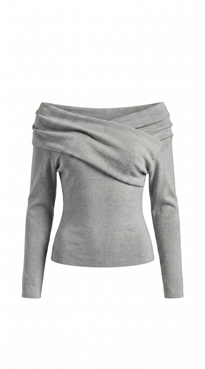 Knit Top Women Off-Shoulder Wrap Front Long Sleeve
