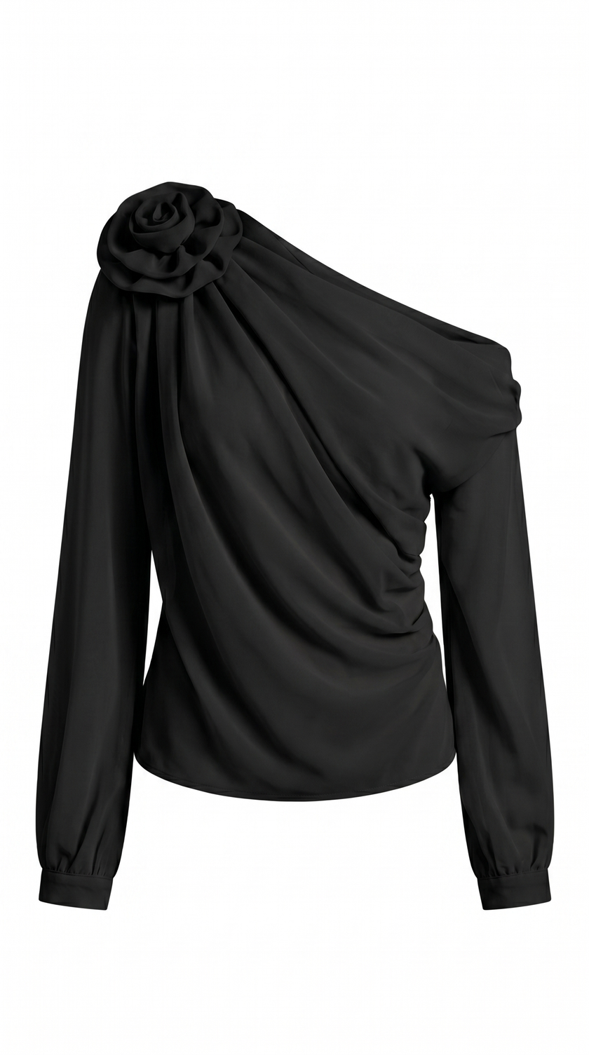 Chiffon Blouse Women One-Shoulder Asymmetric Semi-Sheer Evening