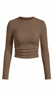 Waffle Knit Top Women Slim Fit Crew Neck Long Sleeve
