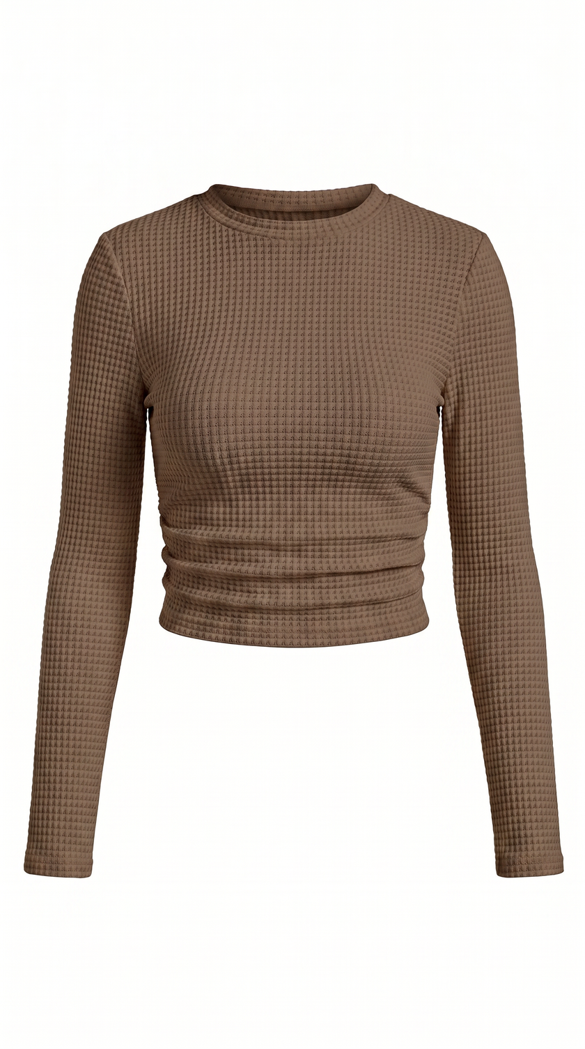 Waffle Knit Top Women Slim Fit Crew Neck Long Sleeve