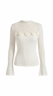 Knit Top Women Floral Applique Slim Fit Semi-Sheer Long Sleeve