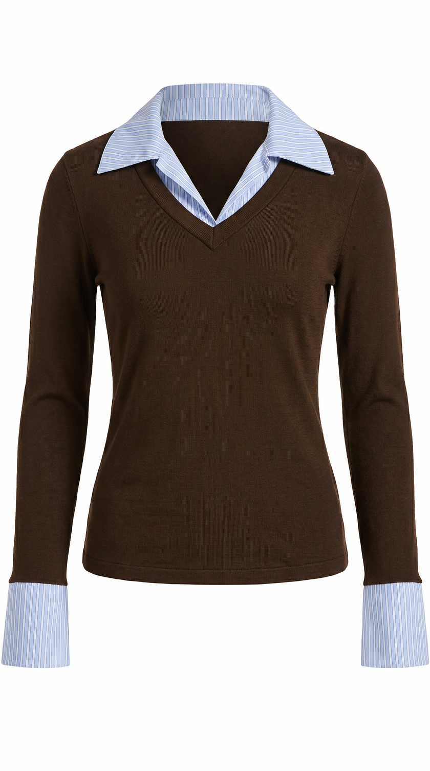 Ribbed Polo Top Women Long Sleeve Layered Knit