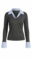 Ribbed Polo Top Women Long Sleeve Layered Knit