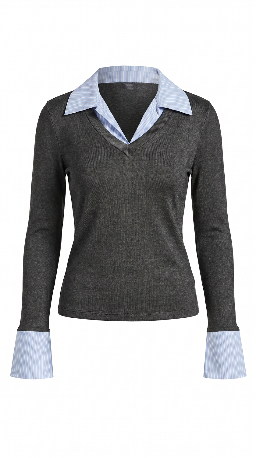 Ribbed Polo Top Women Long Sleeve Layered Knit