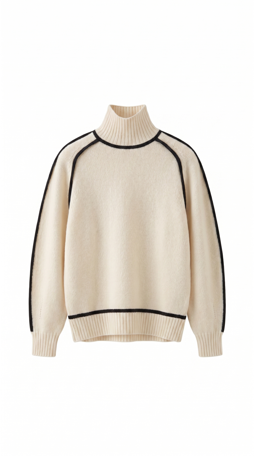 Turtleneck Sweater Women Contrast Seam Relaxed Fit
