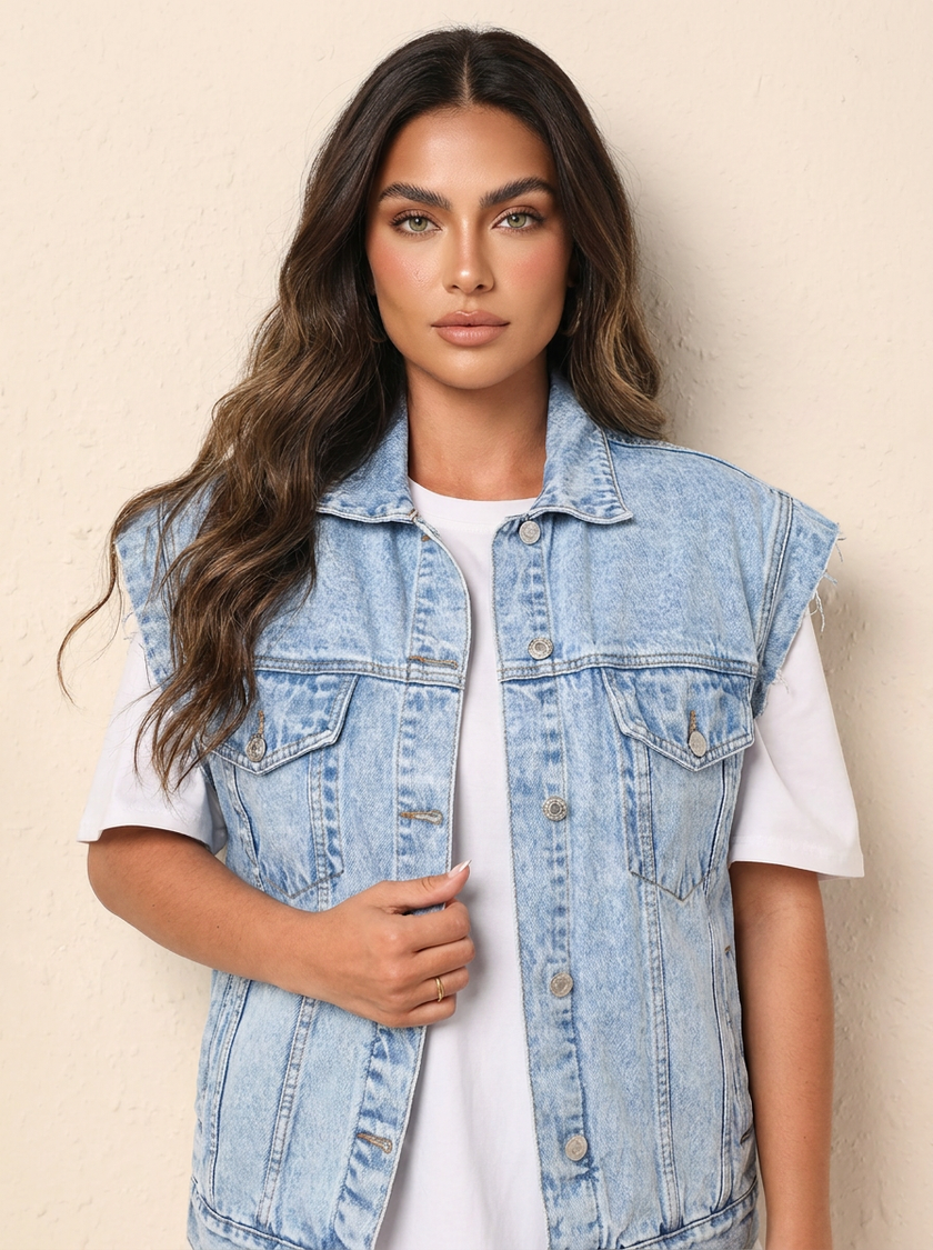Denim Vest Women Sleeveless Vintage Chest Pockets