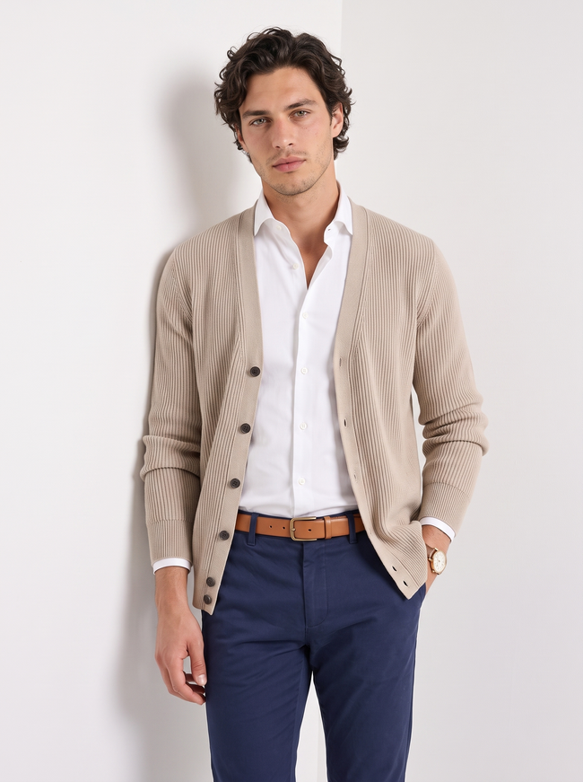 Wool Cardigan Men V-Neck Button Front Long Sleeve