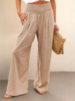 FJØRNA women's linen summer trousers with high waist and wide-leg palazzo style, lightweight cotton-linen blend.