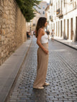 High-waist linen summer trousers for women, FJØRNA palazzo wide-leg pants, lightweight cotton blend, relaxed fit.