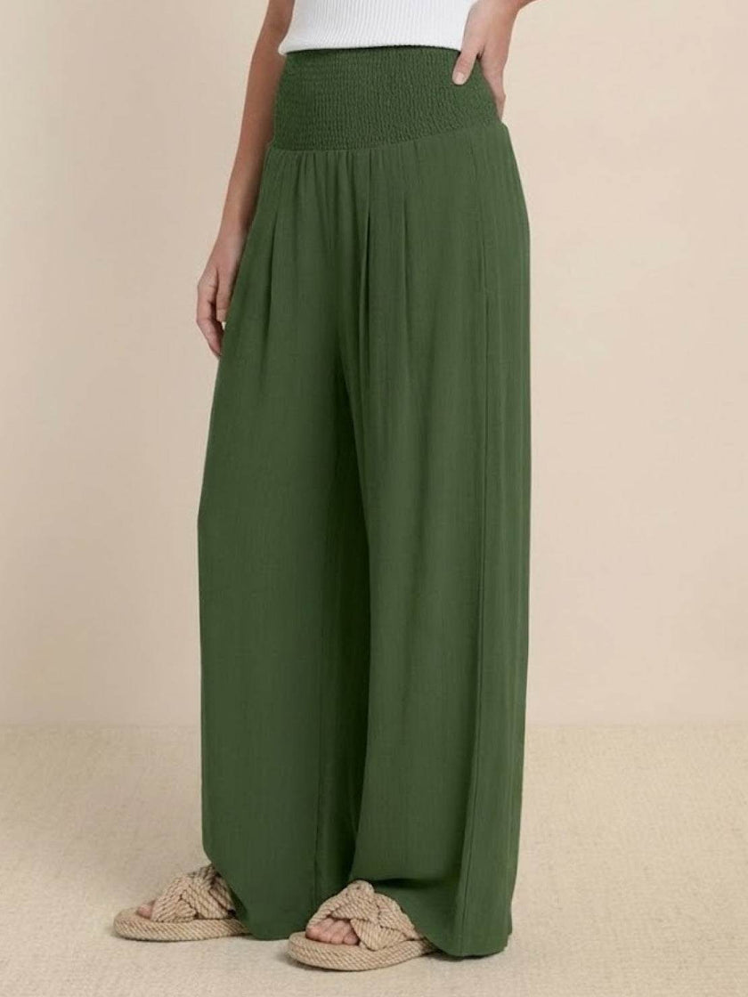 FJØRNA linen summer trousers for women, high-waist wide-leg palazzo pants in lightweight cotton-linen fabric.