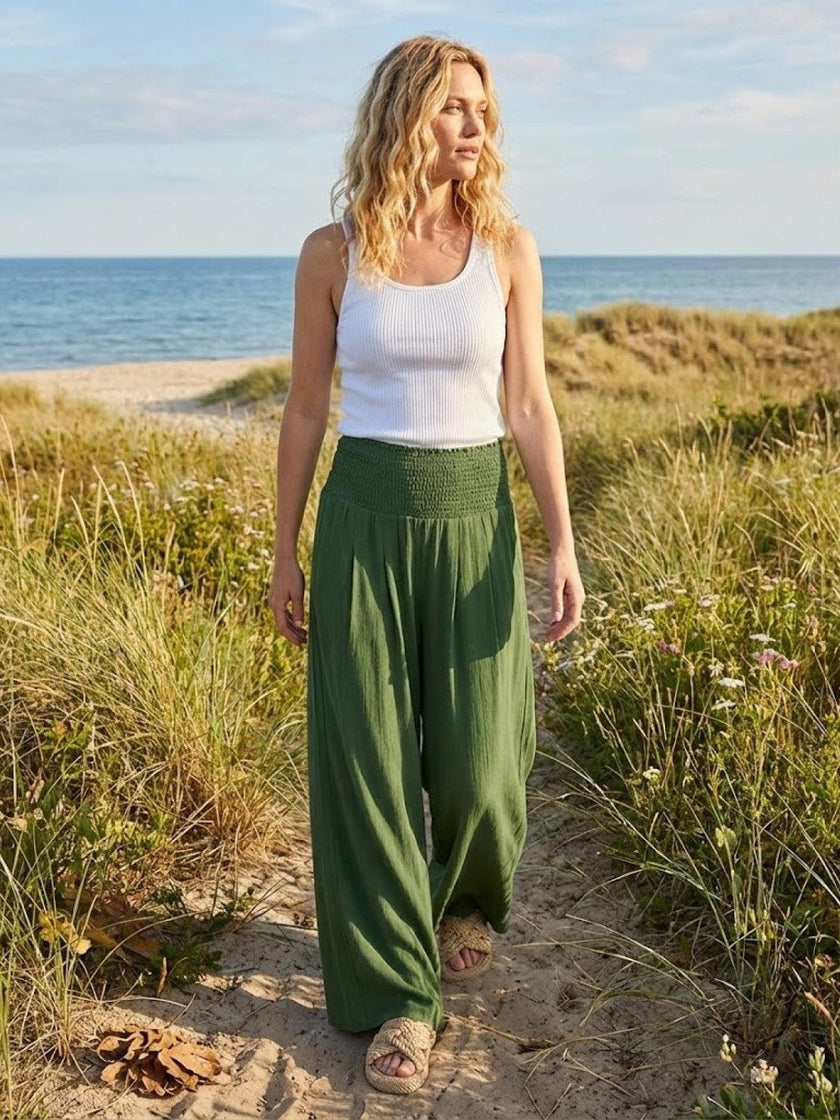 High-waist linen summer trousers for women, wide-leg palazzo style by FJØRNA, made of lightweight cotton and linen fabric