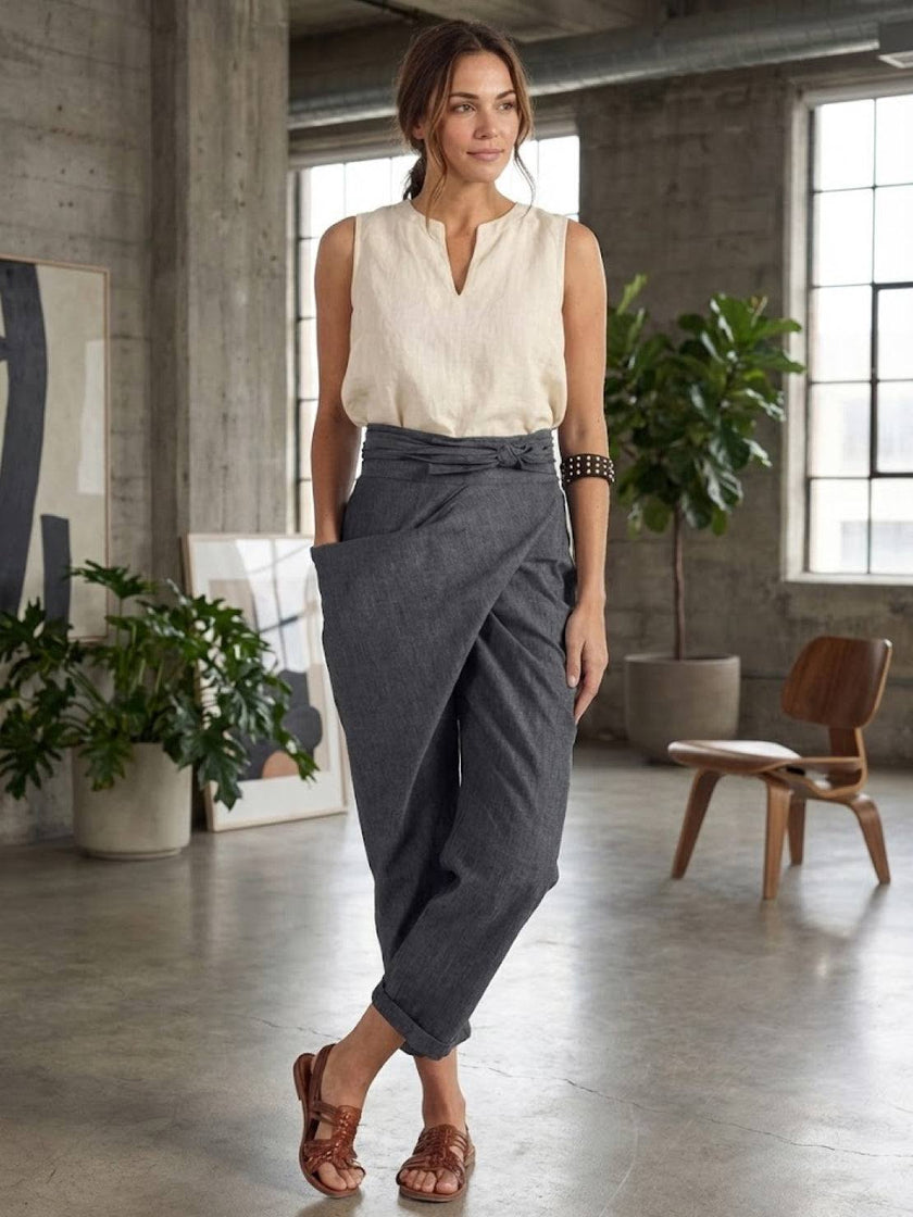 FJØRNA women's lightweight summer trousers with high waist, wide leg, tapered fit, made from soft, comfy fabric.