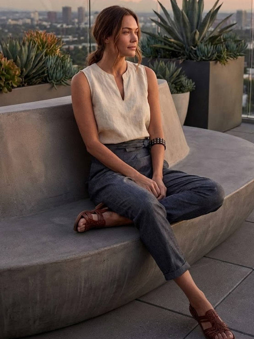 FJØRNA lightweight summer women's trousers with high waist, wide leg, and tapered fit, shown as comfortable, high-waist wrapped pants.