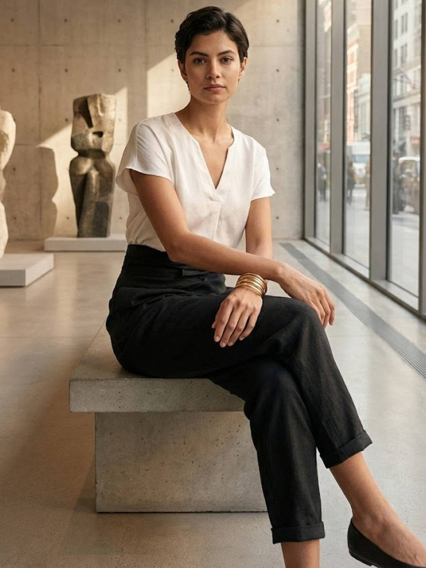FJØRNA women's lightweight summer trousers with high waist, wide leg, tapered fit, and comfortable fabric for casual wear.