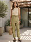 FJØRNA women's lightweight summer trousers with high waist, wide leg, tapered fit, and comfortable wrap design.