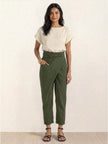 FJØRNA lightweight women's summer trousers with high waist, wide leg, and tapered fit, shown as high-waist wrapped comfy pants.