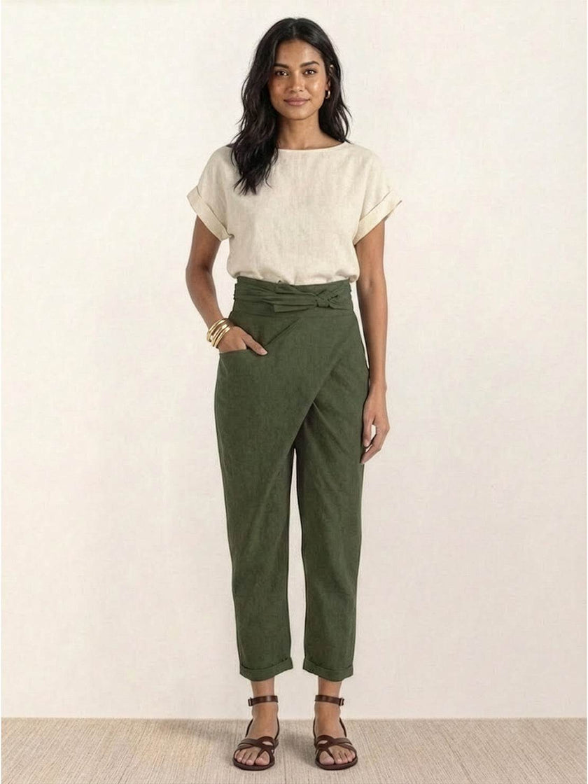 FJØRNA lightweight women's summer trousers with high waist, wide leg, and tapered fit, shown as high-waist wrapped comfy pants.