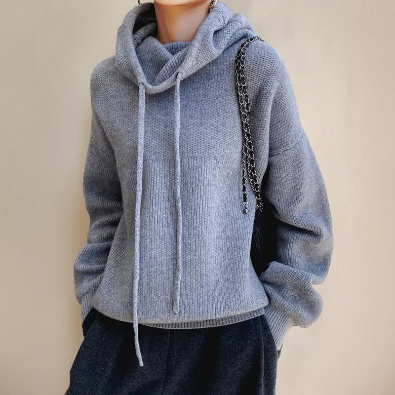 Sasha | Women's Oversized Ribbed Knit Cowl-Neck Hooded Sweater Pullover with Cozy
