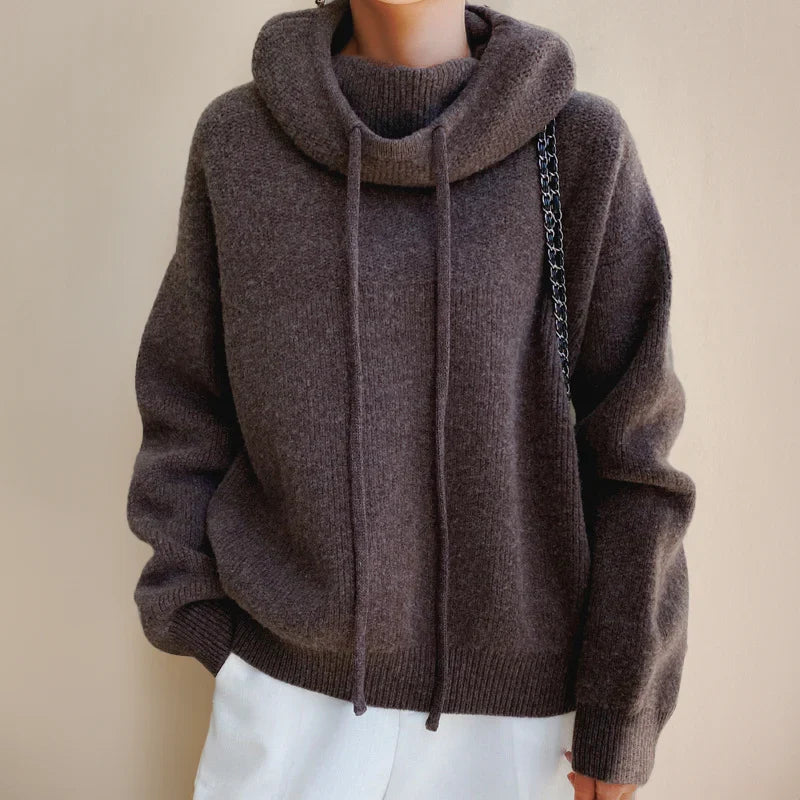 Sasha | Women's Oversized Ribbed Knit Cowl-Neck Hooded Sweater Pullover with Cozy