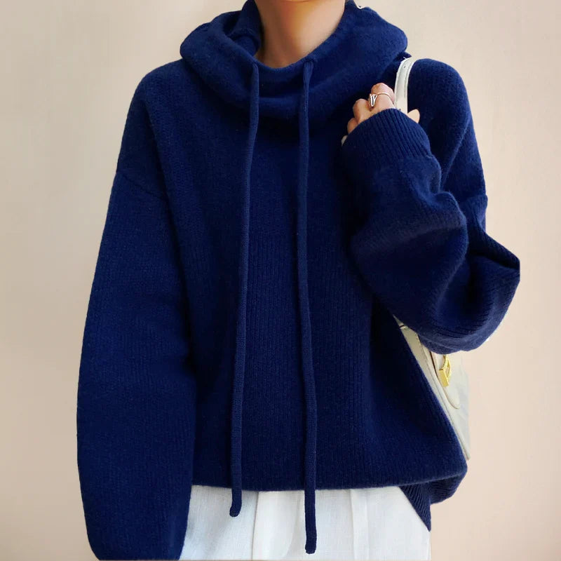 Sasha | Women's Oversized Ribbed Knit Cowl-Neck Hooded Sweater Pullover with Cozy