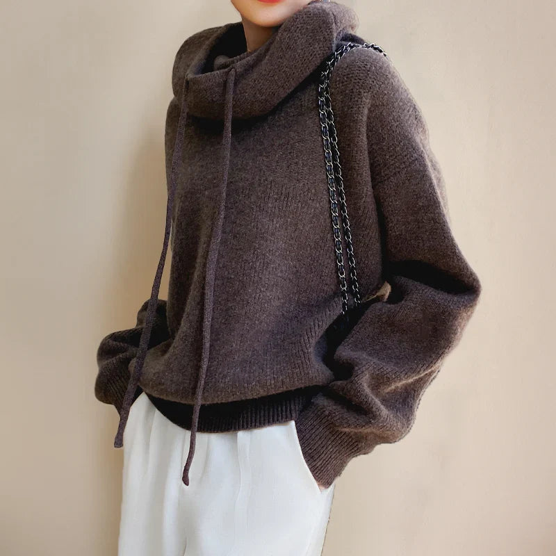 Sasha | Women's Oversized Ribbed Knit Cowl-Neck Hooded Sweater Pullover with Cozy