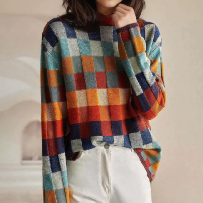 Isla | Women's Tailored Knit Plaid Sweater Pullover with Wrap Checked Cozy for Layering