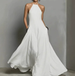 Linen halter neck maxi dress for women by FJØRNA, featuring a flowing design and elegant halter neckline.