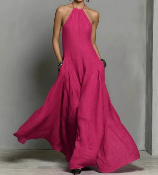 FJØRNA linen halter neck maxi dress for women, flowing sleeveless dress with a relaxed fit and elegant design.