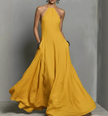 FJØRNA linen halter neck maxi dress for women, lightweight and flowing summer dress with a relaxed fit and elegant design.