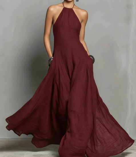 FJØRNA linen halter neck maxi dress for women, featuring a flowing design and elegant halter neckline, perfect for summer wear.