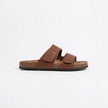 FJØRNA men's double strap open toe slides showing black leather straps and cushioned footbed for comfortable summer wear