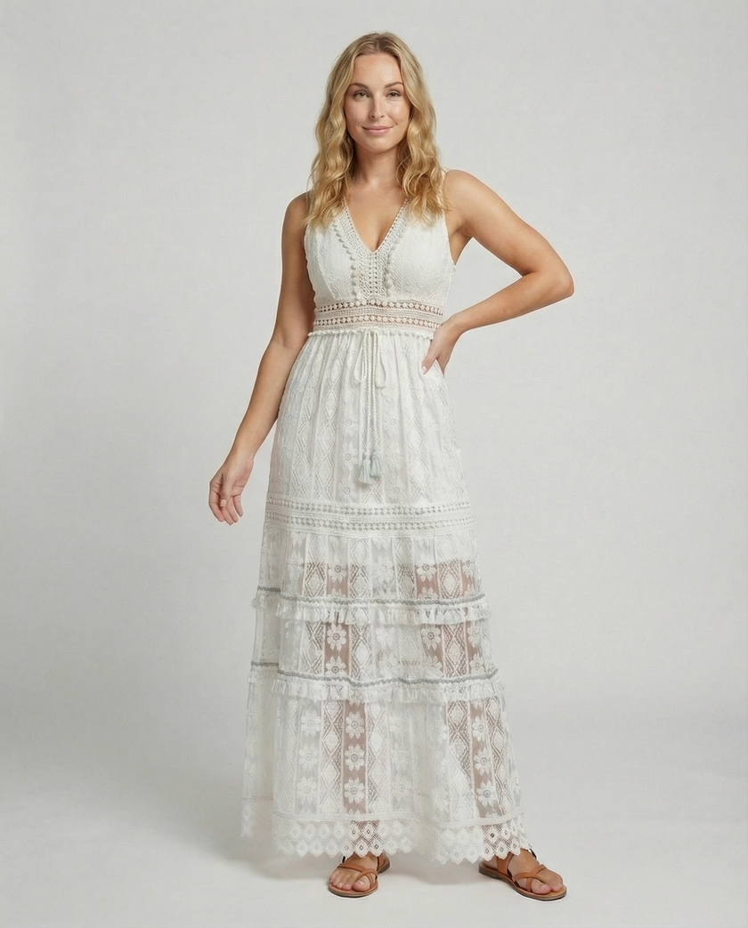 FJØRNA elegant floral maxi dress for women with V-neck and sleeveless design, flowing and perfect for summer occasions.