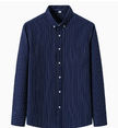 Men's cotton striped shirt by FJØRNA featuring a classic button-up design and long sleeves, displayed flat on a white background.