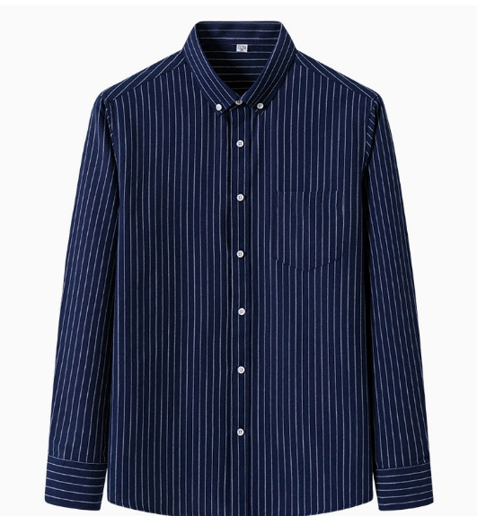 Men's cotton striped shirt by FJØRNA featuring a classic button-up design and long sleeves, displayed flat on a white background.