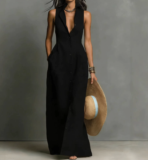 Red linen sleeveless maxi dress for women by FJØRNA, flowing design with a fitted bodice and ankle-length silhouette.