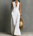 Red linen sleeveless maxi dress for women by FJØRNA, flowing length and casual elegant style, perfect for summer wear.